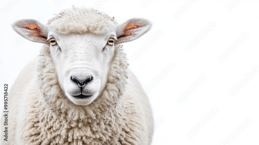 A Close-Up View of a Sheep Looking Directly at the Camera in a Bright, White Setting A Close-Up View of a Sheep Looking Directly at the Camera in a Bright, White Setting
