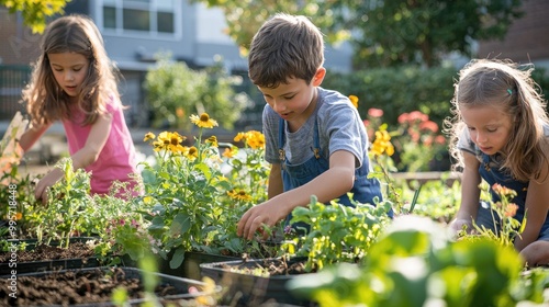 Wallpaper Mural children plant flowers in the flowerbed. Selective focus Torontodigital.ca
