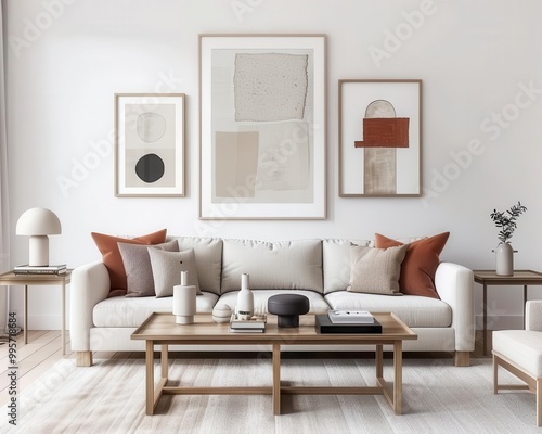 Minimalist living room with neutral tones, framed art on wall, soft lighting, modern living room, interior design art