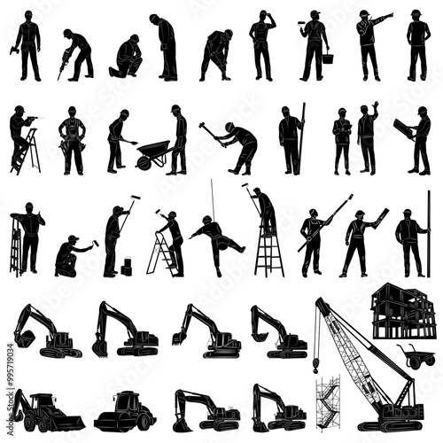silhouette set construction, builders working, construction equipment, vector