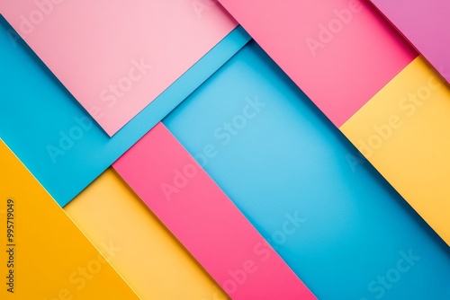 Colorful Geometric Paper Arrangement in Vibrant Shades of Pink, Blue, and Yellow