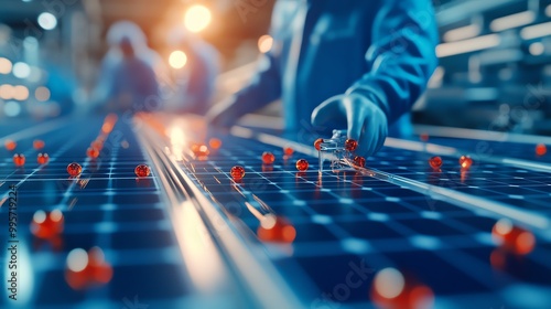 Solar panel production process in a cleanroom environment, with engineers inspecting quality, solar panel manufacturing, renewable energy production