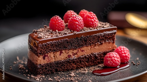 Decadent Chocolate Cake with Raspberry Drizzle and Shaved Chocolate Garnish