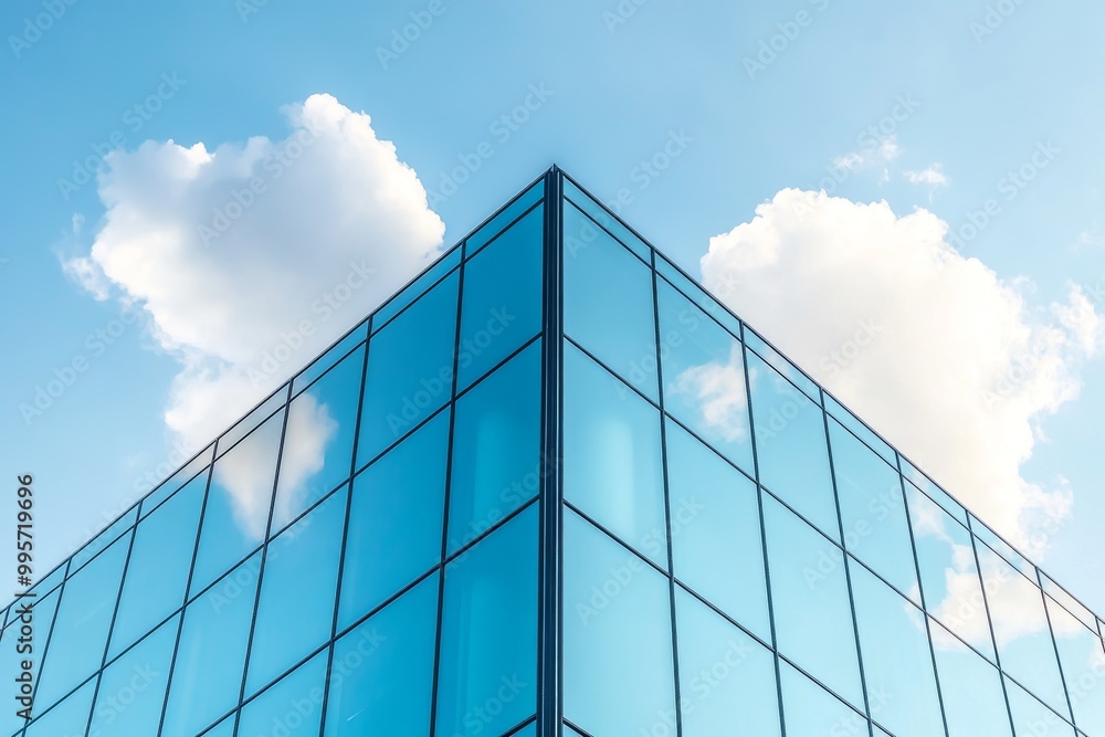 Modern Glass Building Corner Reflects Clouds Against a Blue Sky in Bright Daylight Modern Glass Building Corner Reflects Clouds Against a Blue Sky in Bright Daylight