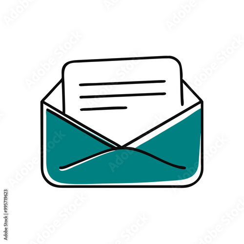 Open envelope with letter icon, teal and white, communication and mail concept