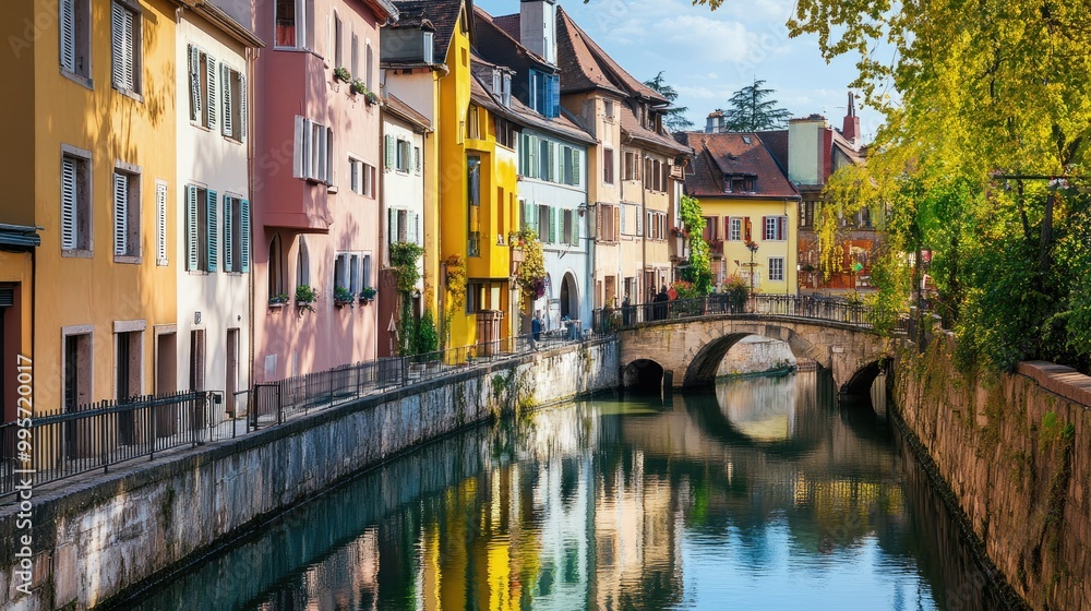 Fototapeta premium A narrow canal in a European city, lined with colorful historic buildings and stone bridges.