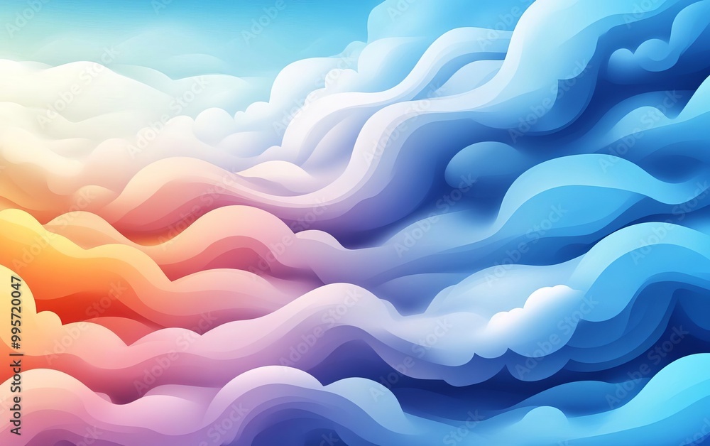 Fototapeta premium Gentle, swirling patterns resembling clouds moving across the sky, flat design, side view, nature theme, cartoon drawing, Triadic Color Scheme