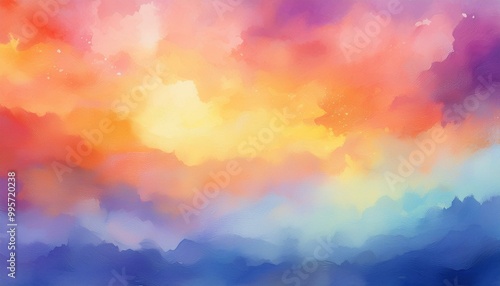 Background of vivid watercolors of abstract sunset sky with paint blotches and soft blurred texture. Colorful watercolor background. 