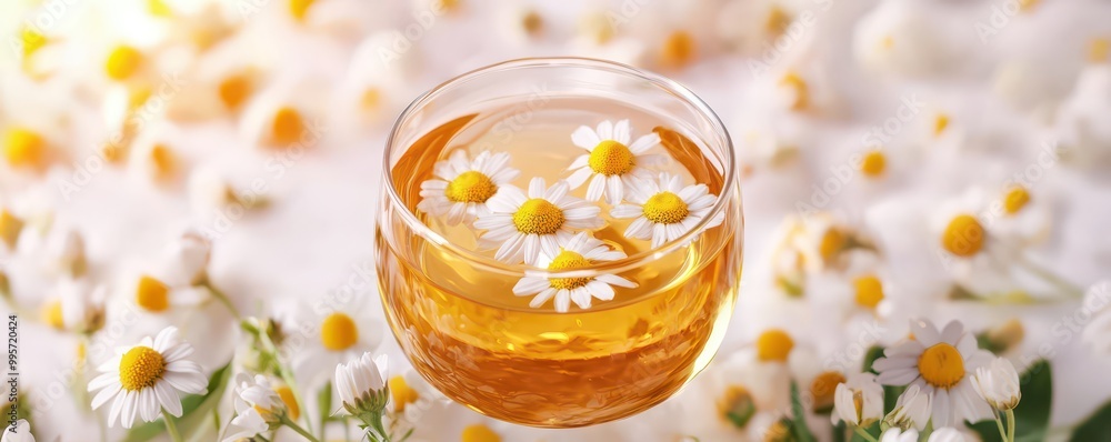 A refreshing glass of chamomile tea garnished with daisies, set against a backdrop of delicate white and yellow flowers. A refreshing glass of chamomile tea garnished with daisies, set against a backdrop of delicate white and yellow flowers.