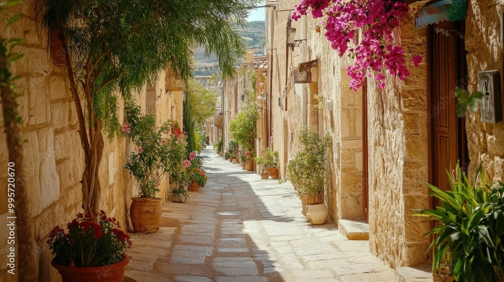 Fototapeta premium A narrow street in an ancient Mediterranean town lined with rustic stone buildings and flowering plants.