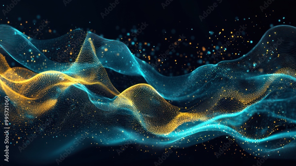 An abstract wave with gold and blue particles flowing in a dynamic pattern, creating a mesmerizing and futuristic design An abstract wave with gold and blue particles flowing in a dynamic pattern, creating a mesmerizing and futuristic design