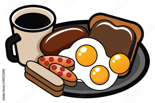 bread and butter, Traditional Full English Breakfast with sunny-side-up fried eggs, bacon, sausages, beans in tomato sauce, toasts