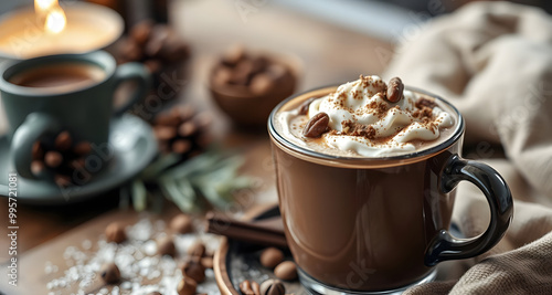 On the table there is a hot chocolate drink with whipped cream and nuts, cocoa, a cup of hot chocolate drink, cappuccino, hot coffee. The cafe background creates a cozy atmosphere. High-quality food p