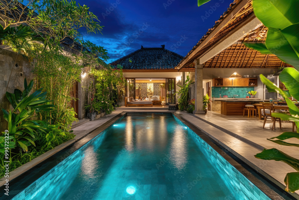 Fototapeta premium A beautiful and modern Balinese-style villa with a pool, set against a blue sky at night. The large, open-living room features a kitchen in the back, with green plants lining the side walls