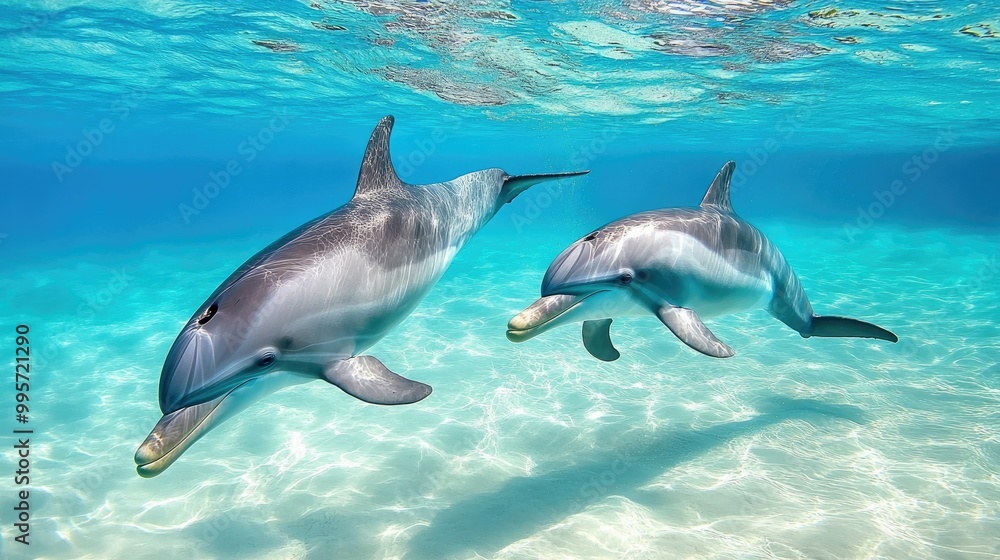 A pair of dolphins swimming gracefully in the crystal-clear waters of the ocean. A pair of dolphins swimming gracefully in the crystal-clear waters of the ocean.