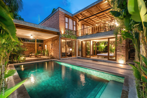 A beautiful and modern Balinese-style villa with a pool, set against a blue sky at night. The large, open-living room features a kitchen in the back, with green plants lining the side walls