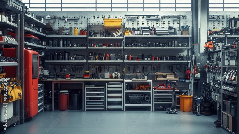 Fototapeta premium An immaculate workspace with an array of tools and equipment on shelves in a well-organized workshop.