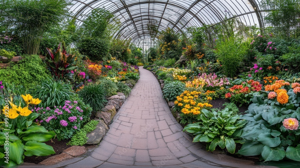 Naklejka premium A picturesque path winds through a vibrant greenhouse teeming with an array of blooming flowers and lush foliage.
