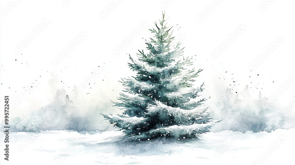 Snow-covered Pine Tree in a Tranquil Winter Landscape With Falling Snowflakes Snow-covered Pine Tree in a Tranquil Winter Landscape With Falling Snowflakes