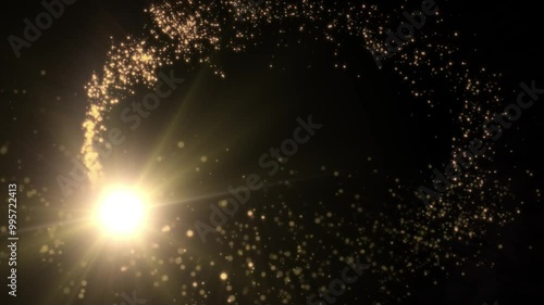 Loop animation of a luminous Christmas shooting star with a tail of golden particles on a black background