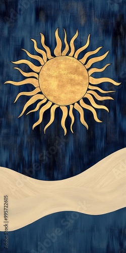 Golden Sun Symbol Against a Deep Blue Background With Flowing White Waves in a Stylized Design