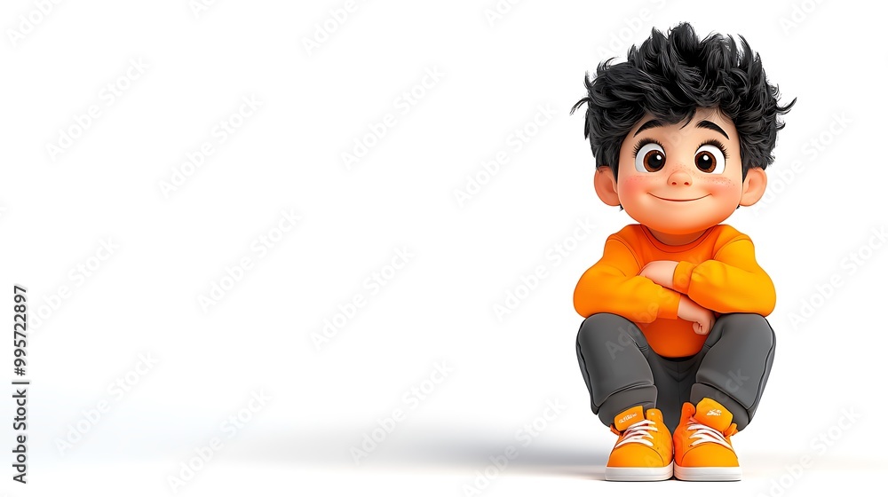 Cartoon Child Sitting with Knees Pulled Up and Hugging Cartoon Child Sitting with Knees Pulled Up and Hugging
