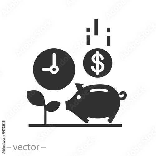 piggy bank with clock, saving time and money, icon, deposit income, management plan concept, economy investment, flat vector illustration