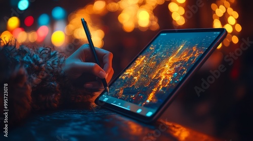 A hand uses a stylus on a tablet showcasing a vibrant cityscape. photo