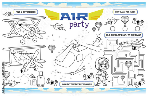 Festive placemat for children. Printable "Air party" activity sheet on the theme of airplanes with a maze, dot to dot game, and find differences. 17x11 inch printable vector file