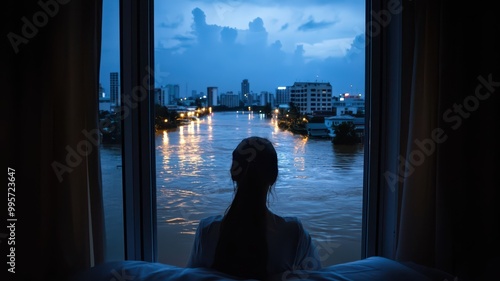 A silhouette gazes out at a serene river scene illuminated by evening light, with city buildings reflecting on the water's surface.