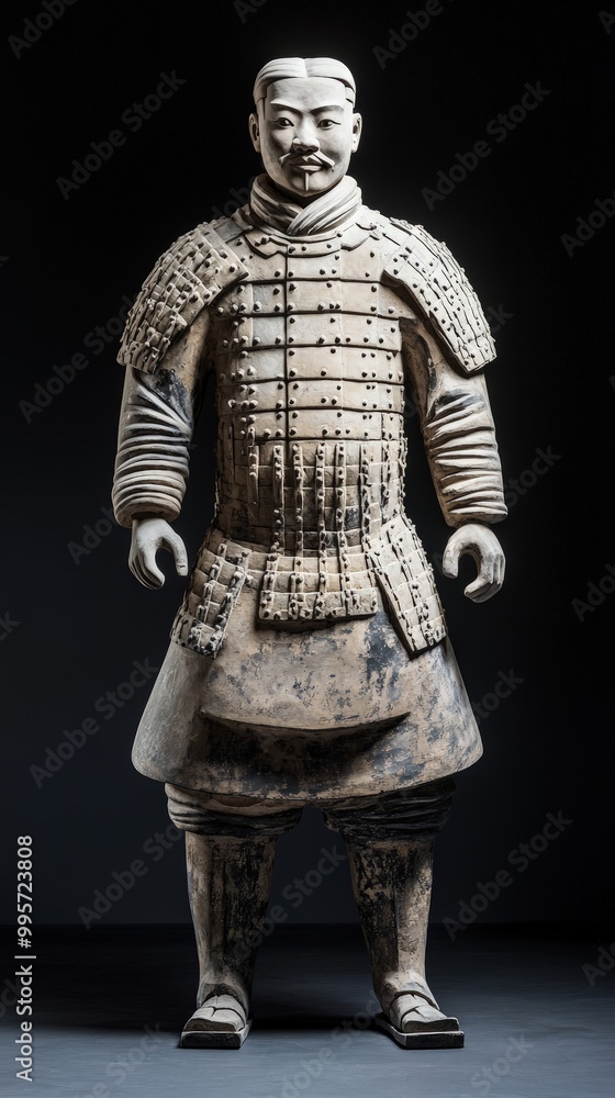 a full-body Terracotta Army soldier with distinct single eyelids, emphasizing intricate armor details and standing upright, showcasing sharp focus on facial features, textures, and the artistry a full-body Terracotta Army soldier with distinct single eyelids, emphasizing intricate armor details and standing upright, showcasing sharp focus on facial features, textures, and the artistry