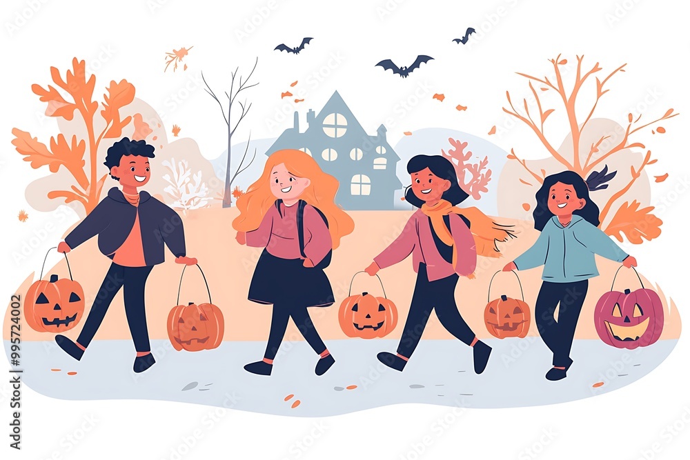 Fototapeta premium Diverse Group of Kids Trick or Treating on Halloween Night.