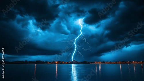 A dramatic lightning strike illuminates a high building at night, reflecting on the water under dark storm clouds photo