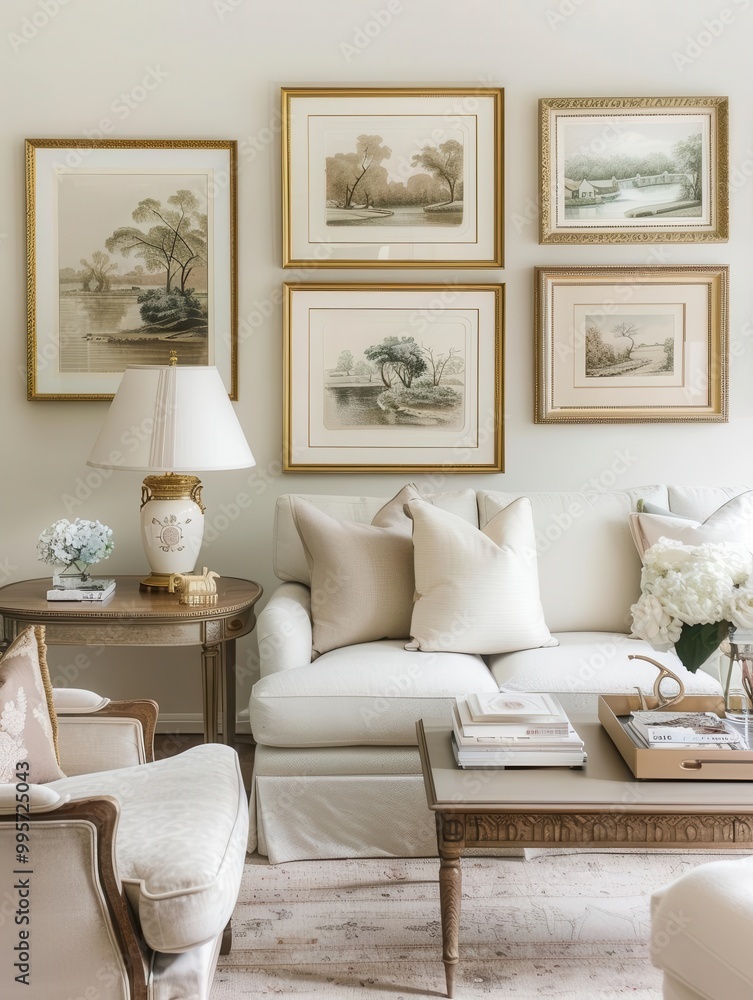 Fototapeta premium Neutral living room with framed art, soft lighting, elegant furniture, neutral home design, art-focused interior