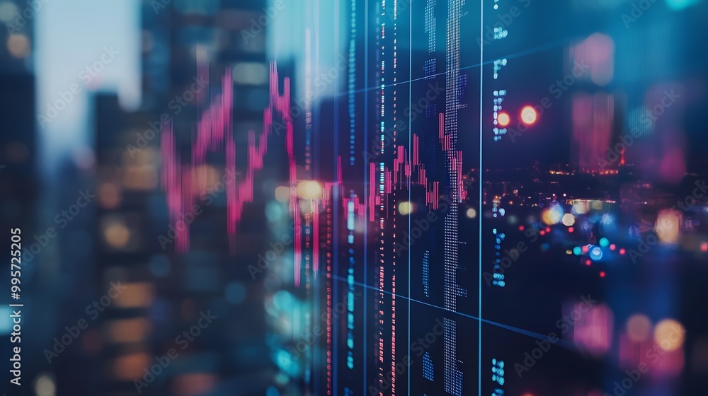 Stock Market Data Displayed on a Screen with a Blurred Cityscape in the Background Stock Market Data Displayed on a Screen with a Blurred Cityscape in the Background