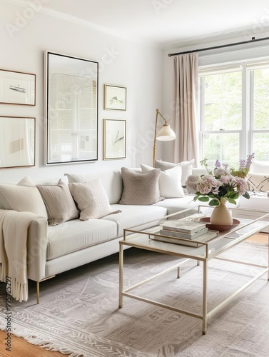 Neutral living room with framed art, soft lighting, elegant furniture, neutral home design, art-focused interior