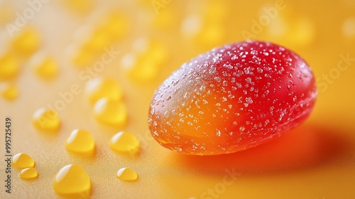 A single red and orange candy coated in water droplets sits on a yellow background with scattered water droplets. photo