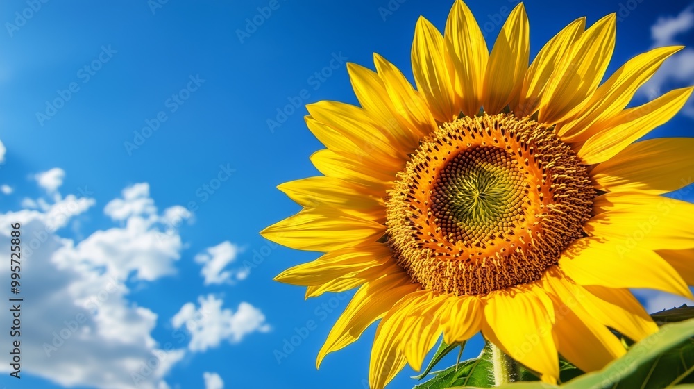 A sunflower glows in the sun, its golden petals bright against a clear blue sky with fluffy clouds. A sunflower glows in the sun, its golden petals bright against a clear blue sky with fluffy clouds.