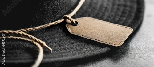 Hat clothing tag, blank label mockup template to place your design on black hat background