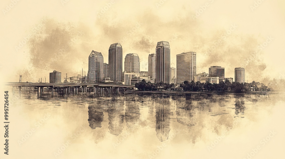 Obraz premium Jacksonville, Florida, color pen pencil hand-drawn effect drawing illustration for travel poster, card, wallpaper, backdrop or banner. Modern, clear, artistic and simple