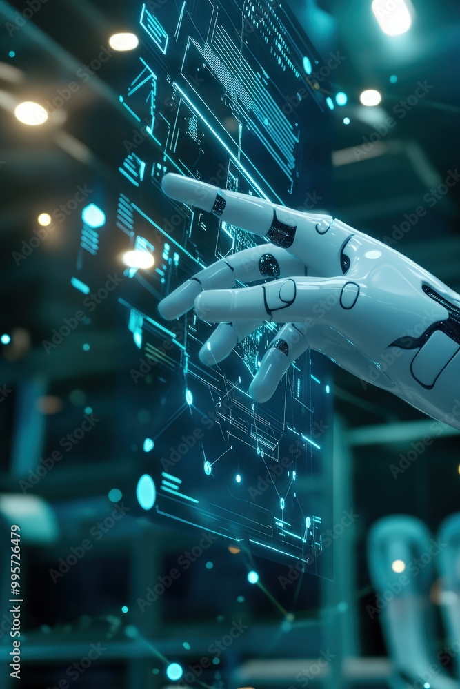Naklejka premium Expert Utilizing Artificial Intelligence for Advanced Document Analysis and Data Management in a Digital Workspace Depicting Professional Interaction with AI-Powered Tools
