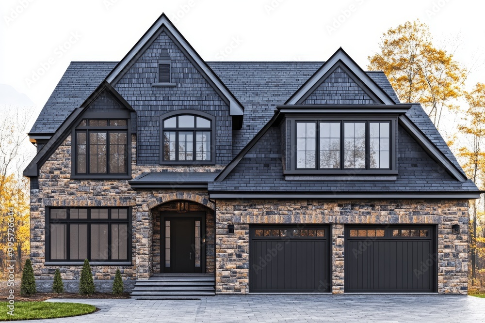 Modern Stone House With Black Accents Amidst Autumn Trees During Daytime Modern Stone House With Black Accents Amidst Autumn Trees During Daytime