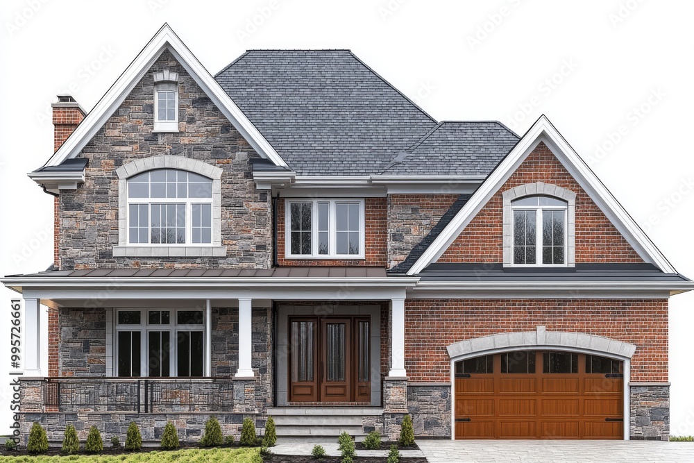 Modern Stone and Brick House With a Spacious Garage in a Suburban Neighborhood on a Sunny Day Modern Stone and Brick House With a Spacious Garage in a Suburban Neighborhood on a Sunny Day