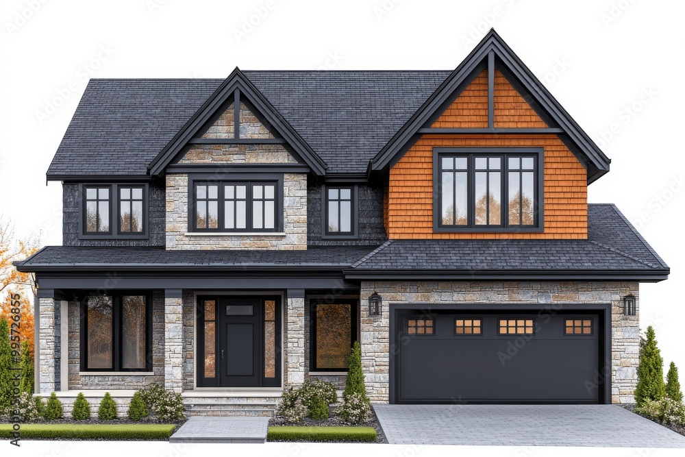 Modern Two-Story House Design With Stone Facade and Wooden Accents in a Suburban Neighborhood Modern Two-Story House Design With Stone Facade and Wooden Accents in a Suburban Neighborhood