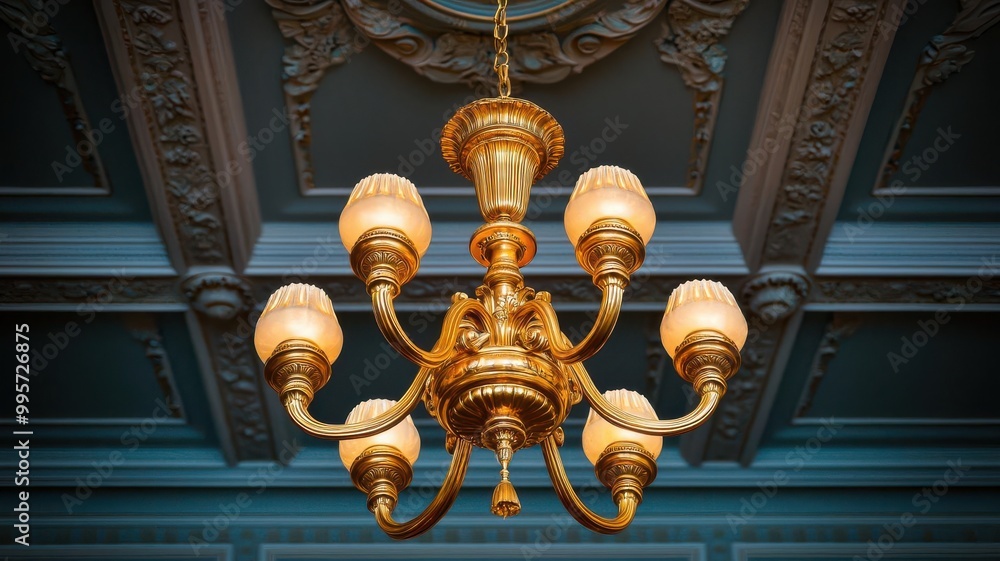 Fototapeta premium A luxurious gold chandelier hanging from an ornate ceiling, gold chandelier, opulent lighting