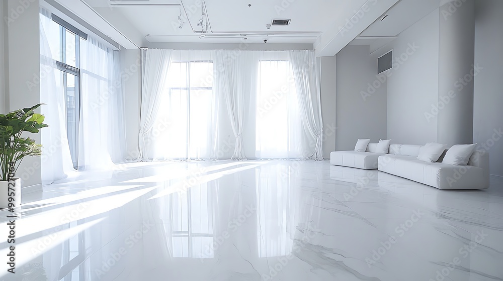 A very luxurious all-white modern pre-wedding room with spacious space and sofa, curtains A very luxurious all-white modern pre-wedding room with spacious space and sofa, curtains