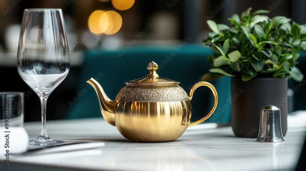 A luxurious gold teapot with ornate details, placed on a high-end dining table, gold teapot, luxury dining A luxurious gold teapot with ornate details, placed on a high-end dining table, gold teapot, luxury dining