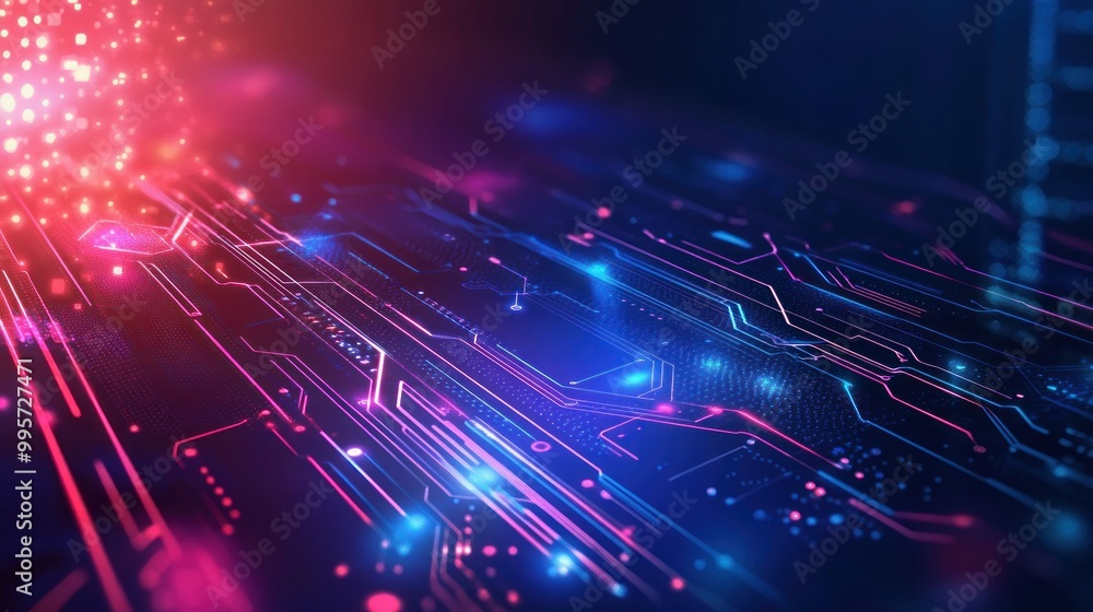 Abstract illustration of digital circuitry with bright blue and red glowing lines and dots, representing data flow. Abstract illustration of digital circuitry with bright blue and red glowing lines and dots, representing data flow.