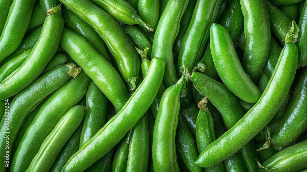 Fresh Green Snap Peas Gathered Together in a Vibrant Display on a Market Table for Sale Fresh Green Snap Peas Gathered Together in a Vibrant Display on a Market Table for Sale
