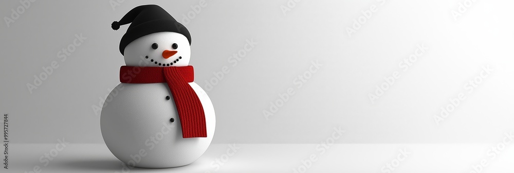 Minimalist snowman made of simple shapes and lines, wearing a black hat and red scarf, set against a clean white background Minimalist snowman made of simple shapes and lines, wearing a black hat and red scarf, set against a clean white background